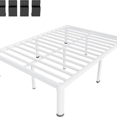 MAF 16 Inch Full Size Bed Frame White with Round Corner Legs Mattress Slide Stopper No Box Spring Needed Heavy Duty Metal Platform Bed Frames Under-Bed Storage Space, 3000 LBS Steel Slats Support
