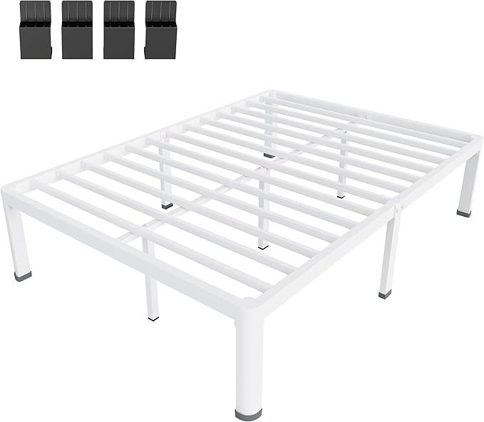MAF 16 Inch Full Size Bed Frame White with Round Corner Legs Mattress Slide Stopper No Box Spring Needed Heavy Duty Metal Platform Bed Frames Under-Bed Storage Space, 3000 LBS Steel Slats Support