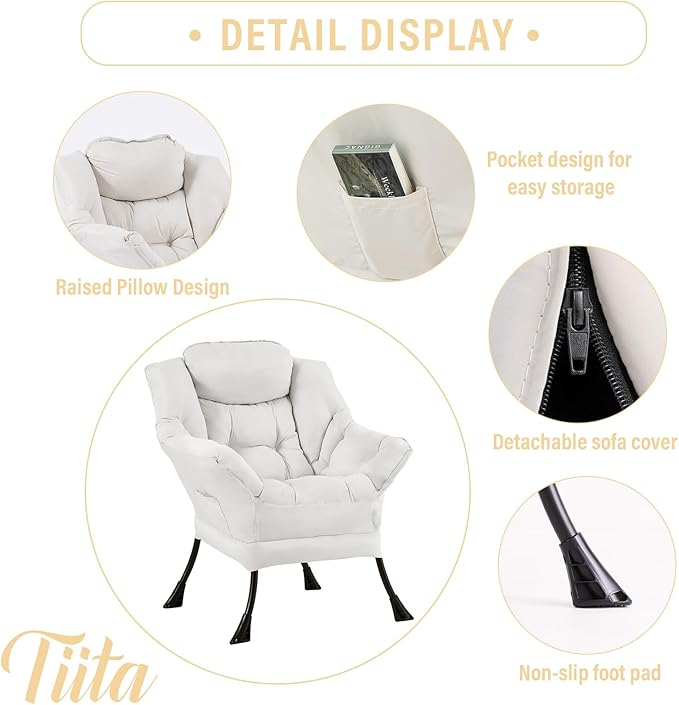 Tiita Lazy Chair, Modern Large Accent Lounge Armchair, Comfy Leisure Sofa Reading Chair for Bedroom, Living Room, Dorm Rooms, Garden and Courtyard, Beige