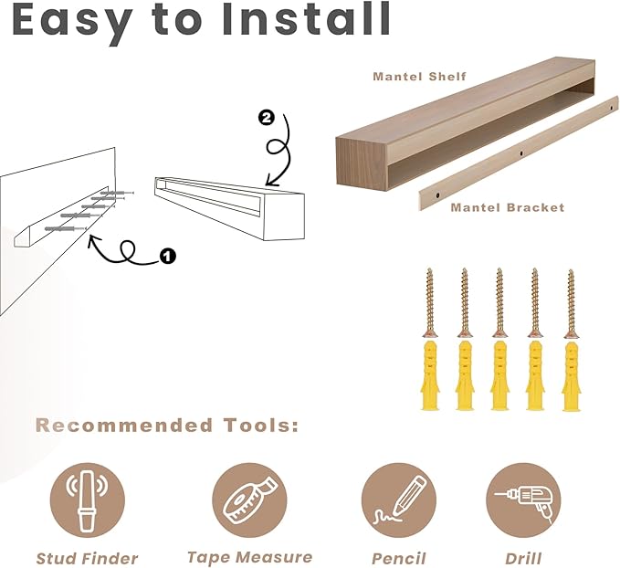 Fireplace Mantel Shelf, 80" Handcrafted Solid Wood Floating Shelf for Over Fireplace - Rustic Farmhouse Wall-Mounted Mantel with Heavy-Duty Hidden Bracket, 80"x8"x6"