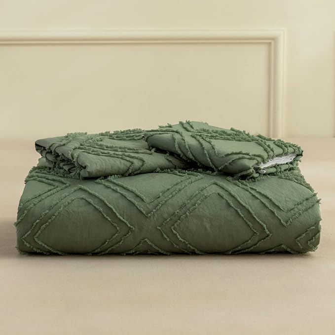JELLYMONI Duvet Cover King Size Green and White - 3PCS Boho Duvet Cover Set Plaid Polyester Tufted Bohemian Jacquard Knit Textured Comforter Cover 104×90in Rhombic Geometric Pattern Zipper Corner Tie