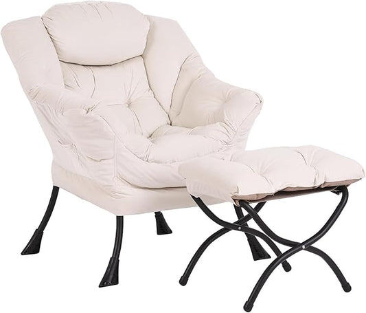 Lazy Chair and Ottoman, Large Accent Lounge Chair with Armrests and a Side Pocket, Modern Leisure Upholstered Sofa Reading Armchair with Footrest for Bedroom, Living Room, Dorm Rooms, Office