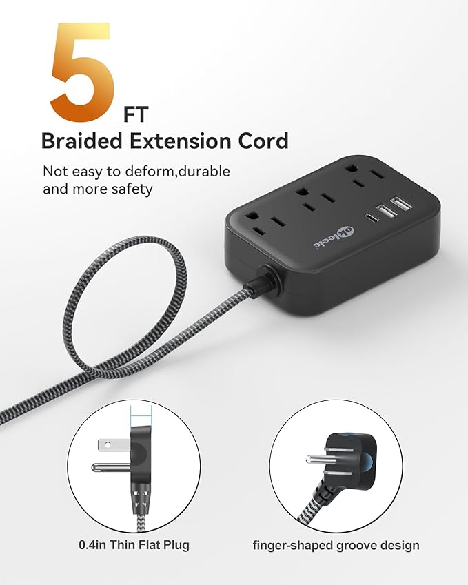 Flat Plug Power Strip with USB C Ports, Black Extension Cord 5FT with 3 AC Outlets 3 USB, Short Extension Cord Outlet Extender with No Surge Protector for Cruise Ship, Dorm Room Travel Essentials