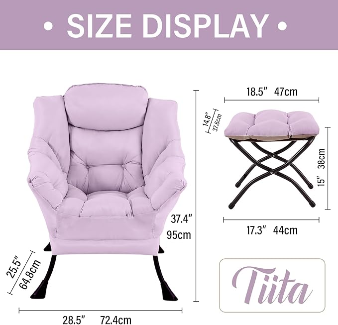 Tiita Lazy Chair with Ottoman, Modern Large Accent Lounge Armchair, Comfy Leisure Sofa Reading Chair with Footrest for Bedroom, Living Room, Dorm Rooms, Garden and Courtyard, Purple