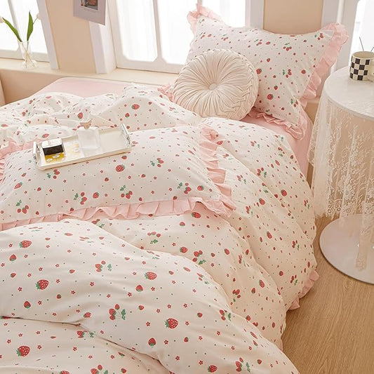 MKXI Strawberry Print Comforter Set - Pink and White Ruffled Bedding with Floral Accents, Soft Microfiber, 3-Piece Full Size, Lightweight and Cozy for Kids, Teens, and Adults