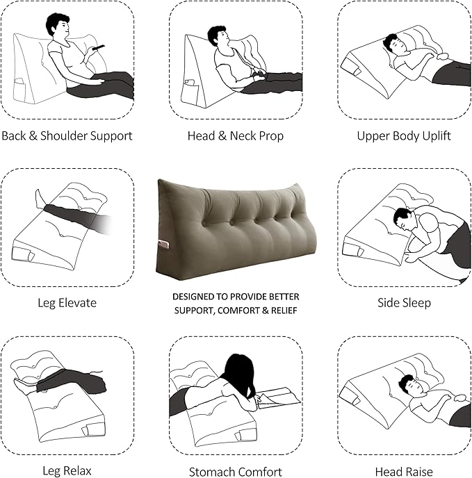 Bed Wedge Pillow for Headboard Large Bolster Pillow Reading Pillows for Sitting Up in Bed Adult, Triangular Backrest Cushion Book Pillows for Daybed Couch Support Upholstered（Camel, Queen）