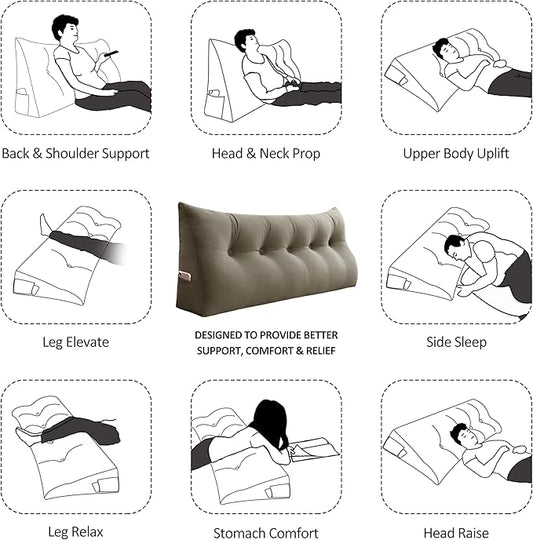 Bed Wedge Pillow for Headboard Large Bolster Pillow Reading Pillows for Sitting Up in Bed Adult, Triangular Backrest Cushion Book Pillows for Daybed Couch Support Upholstered（Camel, Queen）