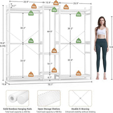 Homykic Bamboo Closet System Clothes Rack, Large Freestanding Garment Rack Clothing Rack for Hanging Clothes with 7 Storage Shelves and 5 Rods, Open Wardrobe Organizer with 4 Hooks, White