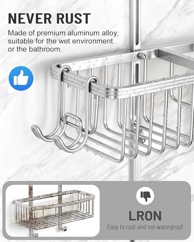 Adjustable Shower Caddy Hanging for Handheld Showerheads - Never Rust Shower Hanging Organizer, Upgraded Bathroom Shower Rack with Soap Basket, Hooks and Toothbrush Holder (Silver)