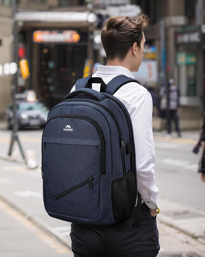 MATEIN 17 Inch Laptop Backpack, Large Work Backpack Travel Carry On TSA Approved with Trolley Sleeve, College Computer Bag with USB Charging Port, Water Resistant Commute Daypack for Men, Dark Blue