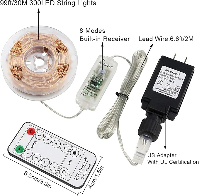 ER CHEN 99ft Led String Lights,300 Led Fairy Starry Lights on 30M Copper Wire String Lights + 12V DC Power Adapter + RF Remote Control for Christmas (Warm White)