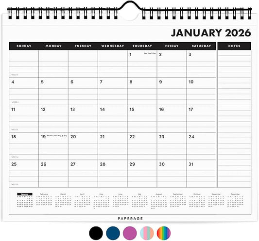PAPERAGE 2026 Calendar, 12 Months (January 2026 - December 2026), Small (9 in x 11 in), Minimalist Wall and Desk Calendar with Monthly Views, Yearly Plans & Notes Section – Black