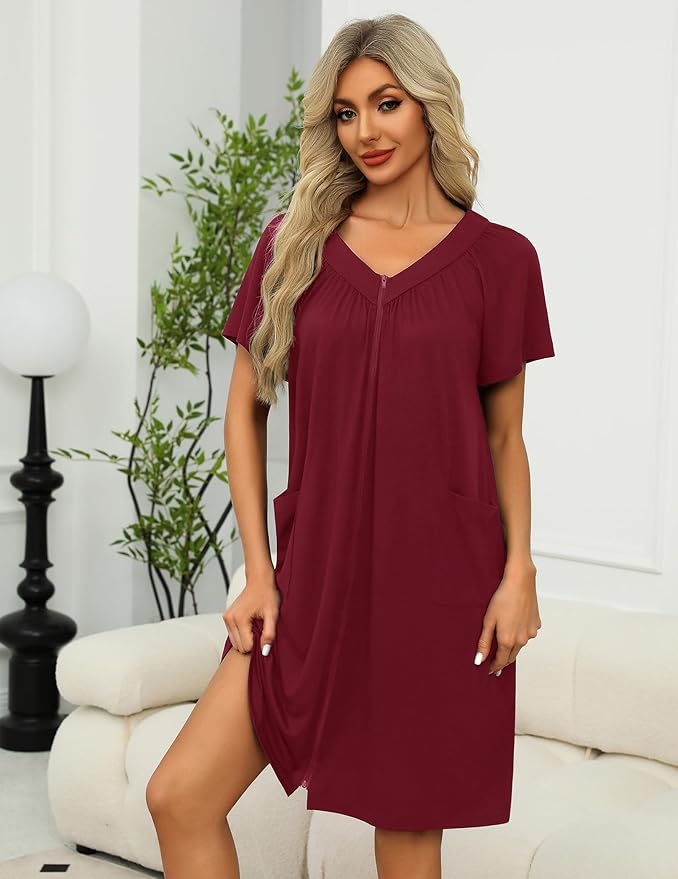 Ekouaer Women Robe Zipper Front Mumu Duster Robes Zip Up Housecoat Soft Sleepwear with Pockets