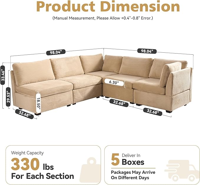 Modular Sectional Sofa,5 Pieces Sectional Couches for Living Room,131X65 L Shaped Cloud Couch with Oversized Convertible Modular Couch for Living Room