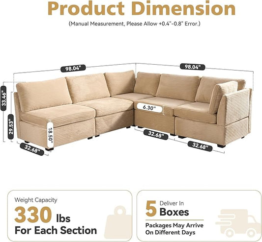 Modular Sectional Sofa,5 Pieces Sectional Couches for Living Room,131X65 L Shaped Cloud Couch with Oversized Convertible Modular Couch for Living Room