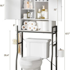 Over The Toilet Storage Cabinet, Over Toilet Organizer with 2-Door & Metal Stand, Bathroom Organizers and Storage with Adjustable Shelves for Bathroom, Restroom, Laundry, White