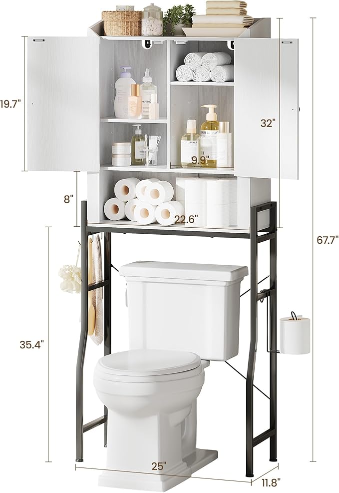 Over The Toilet Storage Cabinet, Over Toilet Organizer with 2-Door & Metal Stand, Bathroom Organizers and Storage with Adjustable Shelves for Bathroom, Restroom, Laundry, White