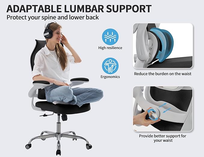 TRALT Ergonomic Office Chair - Desk Chair with Wave High Back Adjustable Lumbar Support Computer Chair - Gaming Chairs Mesh Backrest and PU Leather Seat (Black White)