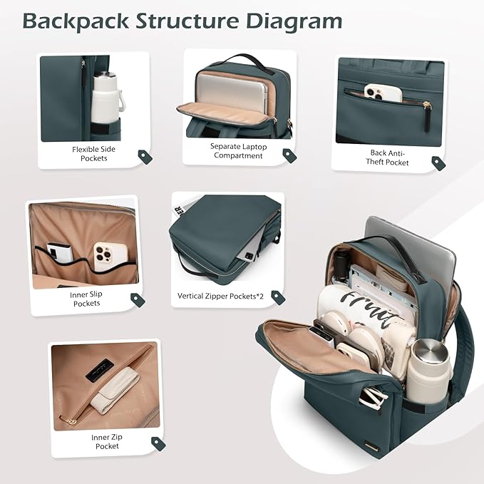 GOLF SUPAGS Stylish Laptop Backpack for Women Airline Approved Perfect for Work College and Travel Multi-Functional Casual Daypack Fits 15.6 Inch Notebook (Atrovirens)