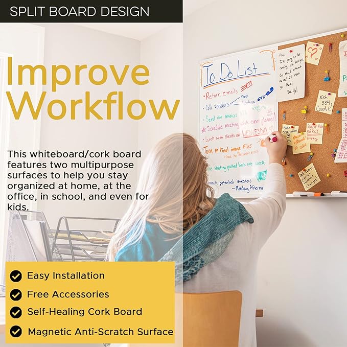 White Board and Cork Board Combo (36x48) Vision Board for 2025 - Half Bulletin Corkboard with Dry Erase Whiteboard Combination for Office or Home, Memo Board