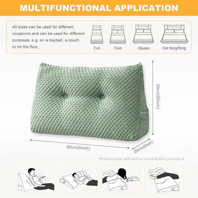 Large Triangular Headboard Wedge Pillow Soft and Supportive Headboard Backrest Positioning Support Bolster Cushion, Bed Wedge Pillow with Removable Cover(Green,Dorm,24x8x20inch)