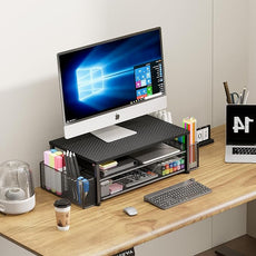 OPNICE Desk Organizer and Accessories, 2-Tier Computer Monitor Stand with Drawer and 2 Pen Holders, Laptop Stand, Office Desk Accessories for Office Supplies, Carbon Fiber