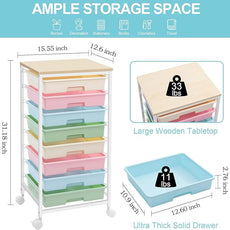 Rolling Storage Cart with Drawers,Utility Cart With 8 Drawers and Wooden Tabletop,Rolling Drawer Cart,Storage Drawer Cart for Living Room,Classroom,Bedroom,Bathroom,Dorm,Office,Rainbow