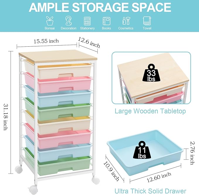 Rolling Storage Cart with Drawers,Utility Cart With 8 Drawers and Wooden Tabletop,Rolling Drawer Cart,Storage Drawer Cart for Living Room,Classroom,Bedroom,Bathroom,Dorm,Office,Rainbow
