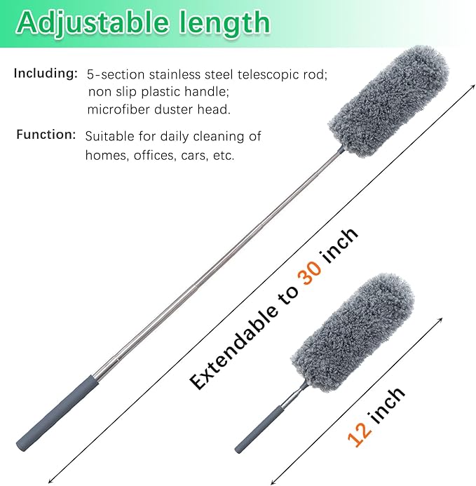 2 Pack Microfiber Duster for Cleaning, Hand Washable Dusters with Microfiber Head, Extendable Pole, Cleaning Supplies for Office, Car, Window, Furniture, Ceiling Fan
