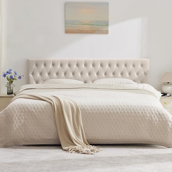 Kingfun Cal King Headboard only, Premium Velvet Upholstered Headboards in Modern Button Design, Tufted Bed Headboard, Adjustable Solid Wood Head Board (Beige)