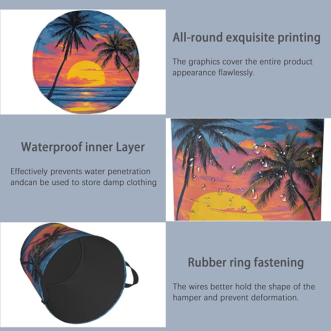 Tropical Palm Tree Laundry Basket,Sunset Beach Oxford Cloth Laundry Hamper with Handle Foldable Portable Clothes Storage Basket for Bathroom Bedroom Dorm Room 16" x 20.8"