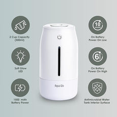 Aqua Glo Personal, Portable Humidifiers for Bedroom – Ultrasonic Cool Mist Humidifier with Built In Rechargeable Battery. Air Humidifier for Baby, Plants, Home, Office, Travel. White