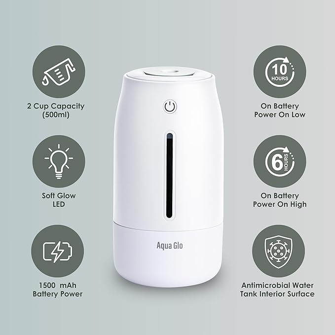 Aqua Glo Personal, Portable Humidifiers for Bedroom – Ultrasonic Cool Mist Humidifier with Built In Rechargeable Battery. Air Humidifier for Baby, Plants, Home, Office, Travel. White