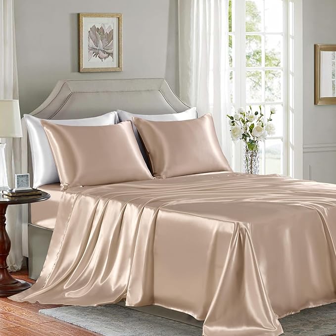 Satin Sheets King Size - 4 Pieces Luxury Silky Soft Bed Sheets, Wrinkle-Free Champagne Satin Silk Sheet Set with 1 Deep Pocket Fitted Sheet, 1 Flat Sheet, 2 Pillow Cases