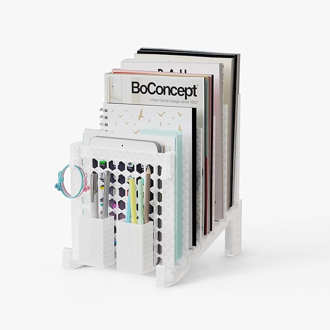 File Organizer for Desk with Storage Box & Hook, Inclined Desk File Organizer with 5-Section Vertical File Holder suitable for Home Office Document Organization (Ice Crystal