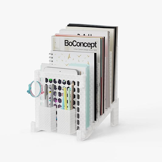 File Organizer for Desk with Storage Box & Hook, Inclined Desk File Organizer with 5-Section Vertical File Holder suitable for Home Office Document Organization (Ice Crystal