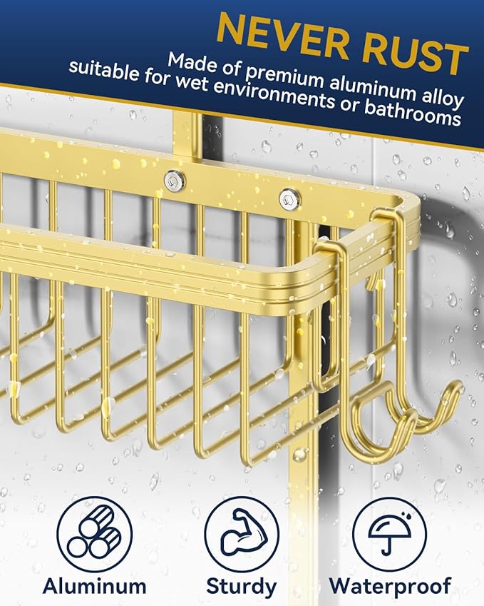 YASONIC Shower Caddy Hanging, Never Rust Shower Organizer Hanging, Aluminum Shower Racks for Inside Shower with Hooks for Razor, Bathroom Organizers and Storage with Soap Holder, Gold