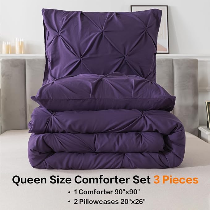 Andency Purple Comforter Set Queen Size, 3 Pieces Pintuck Bedding Comforters for Queen Bed, All Season Soft Lightweight Pinch Pleat Microfiber Bed Set
