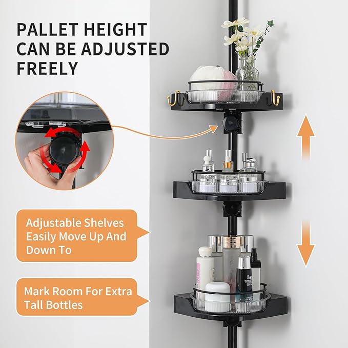 Corner Shower Caddy Tension Pole, 3 Tiers Rotating Shower Organizer for Bathroom Shelf Bathtub, Adjustable Standing Shower Rack Bathroom Accessories, Easily Assemble, 34-124 Inch Height，Black