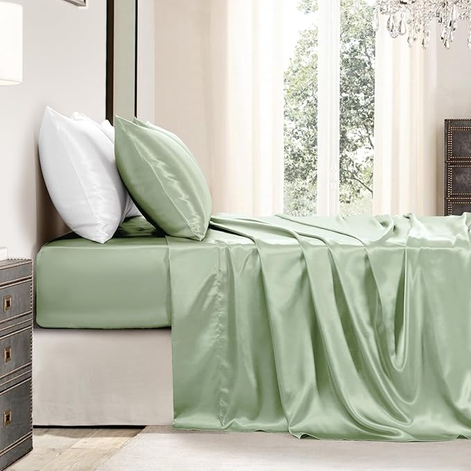 Satin Sheets Queen Size - 4 Pieces Luxury Silky Soft Bed Sheets, Wrinkle-Free Sage Green Satin Silk Sheet Set with 1 Deep Pocket Fitted Sheet, 1 Flat Sheet, 2 Pillow Cases