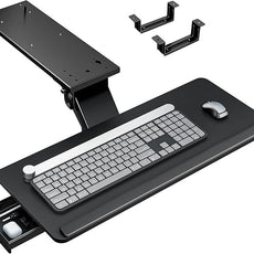 Keyboard Tray Under Desk with Storage Drawer, Height Adjustable Keyboard Tray Slide Out Swivel Tilt, Ergonomic Under Desk Mount Keyboard & Mouse Holder for Gaming Home Office, 25x11'', Black