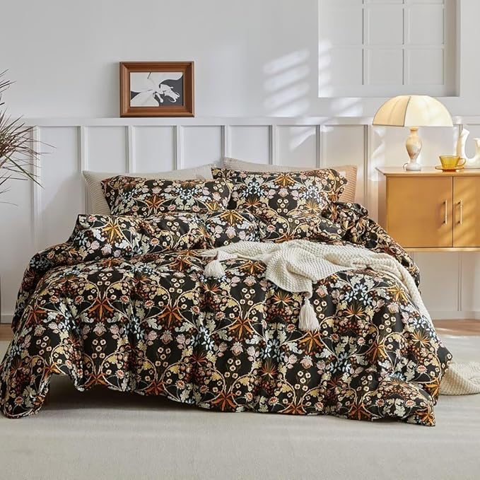 MKXI Shabby Chic Floral Black Comforter Set Nature-Inspired Bedding Comforters Cottage Style Botanical Bed Comforter Set Bohemian Full Size Comforter Set Black Floral