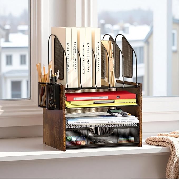 Wood Desk Organizer - 4-Tier Desktop File Organizer with Drawer, Wooden Paper Tray, Vertical File Holders & 2 Pencil Holders - Office Desk Organizer for Papers, Mail, Notebooks, Stationery
