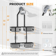 REINHARDT Aluminum Shower Caddy Hanging Adjustable Shower Caddy, Rustproof Hanging Shower Organizer with Hooks Soap Holders, Over Shower Head Caddy for Handheld Showerhead, Black