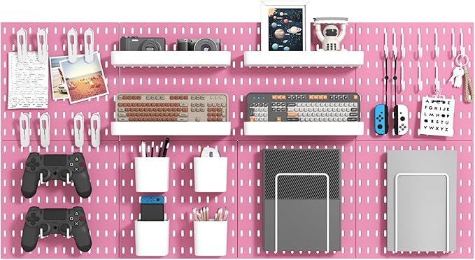 Pegboard Combination Kit, Wall Mounted Storage Set with 8 Pegboards & 28 Accessories Hanging, Peg Boards Organizer for Walls Display, Crafts Organization, Kitchen Organizer, 22" x 44" Pink
