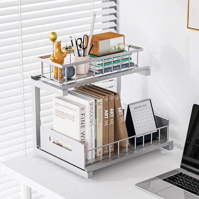 2 Pack Under Sink Organizer, Heavy Duty Meta Slide Out Sink Shelf Organizer Height Adjustable, Multi-Purpose Storage Shelf for Kitchen Bathroom (Silver,2Pack)