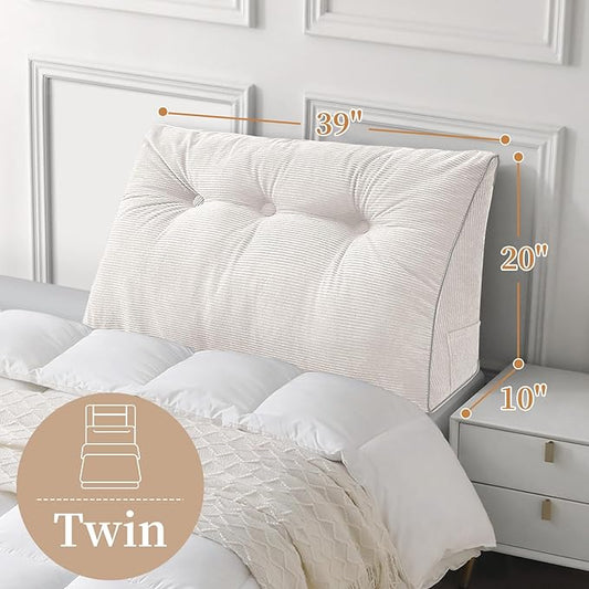 Sasttie Headboard Pillow Twin/Twin XL, Wedge Pillow Headboard for Dorm, Triangular Daybed Backrest Cushion for Sitting or Reading in Bed, with Removable Washable Cover, White