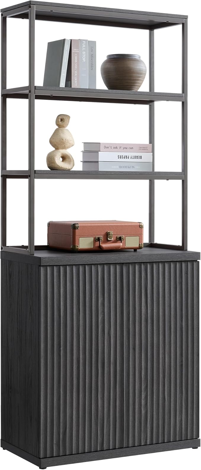 SICOTAS Fluted Book Shelf with Doors - 75" Tall Bookshelf with Storage 6 Tier Large Bookcase with Bottom Cabinet - Modern Metal Book Case for Living Room, Home Office, Kitchen and Library, 1 Piece