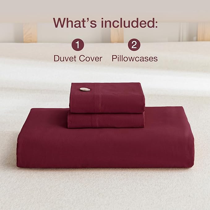 JELLYMONI Cotton Duvet Cover Full Size - Burgundy Comforter Cover with Button 100% Washed Cotton 3PCS Breathable Soft Solid Bedding Set Duvet Cover 80×90in & 2 Pillowcases (NO Comforter)