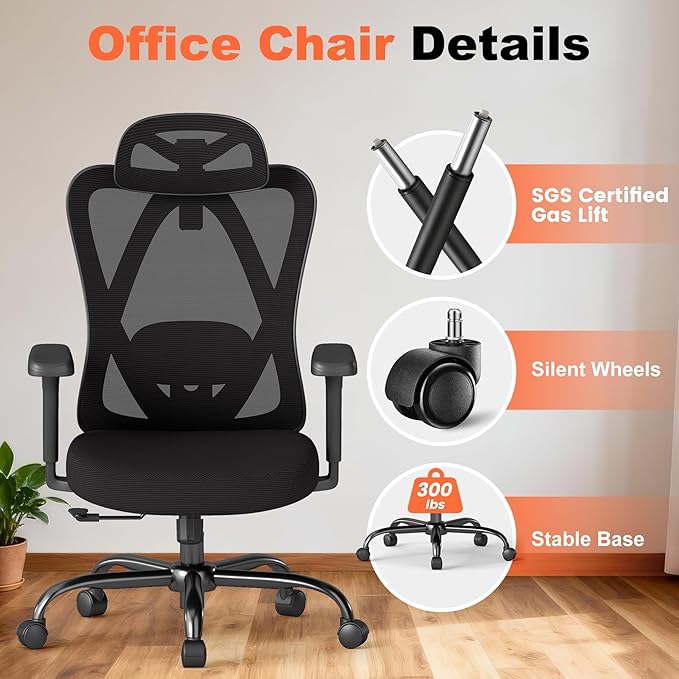 AnyGod Office Chair Ergonomic Desk Chair,Adjustable Headrest Lumbar Support,300lbs Wide Seat Big and Tall with 3D Armrests, Comfy for Computer Work, Study, Home Office (Black)